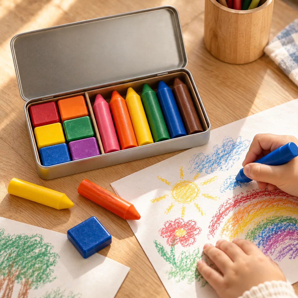 Chunky Beeswax Crayons, 12 Colours, in play